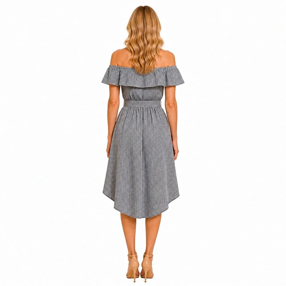 Saks Fifth Avenue Gingham Off-Shoulder Hi-Low Dress Tie Waist Black White M